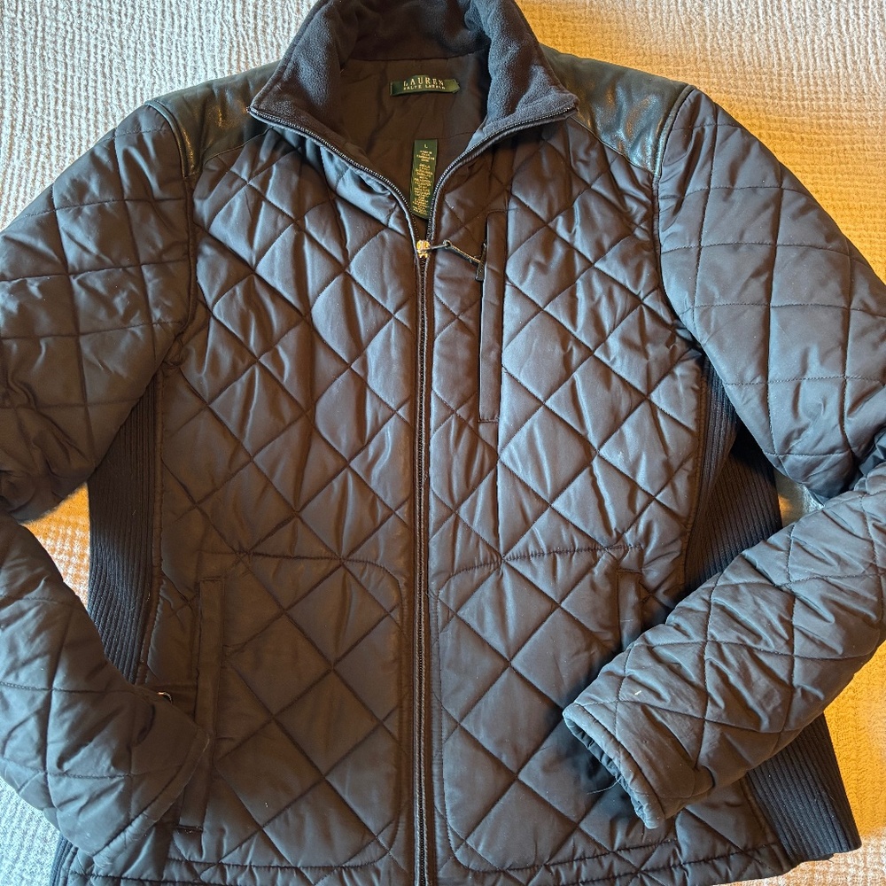 Ralph Lauren black quilted Puffer jacket, lamb leather trim Sz L